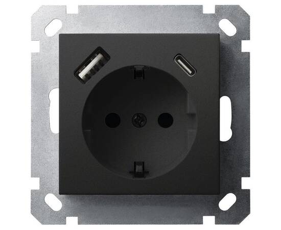 Розетка SHUKO Jasmart с USB тип USB A-C с защитными шторками черный матовый (soft touch) 25W 16A 250