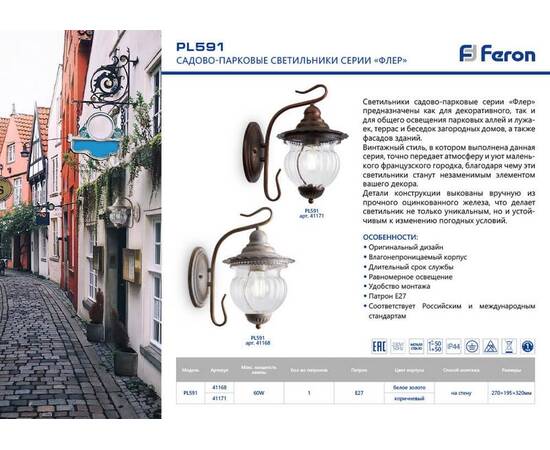 Уличный настенный светильник Feron Флер PL591 41168, изображение 2