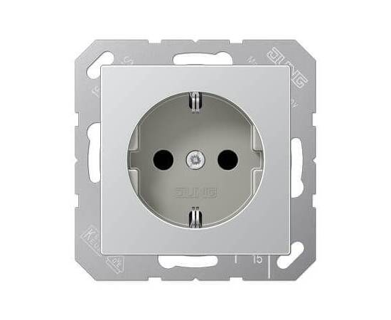 Розетка с заземлением с защитными шторками безвинтовой зажим Jung A 500 алюминий A1520KIAL