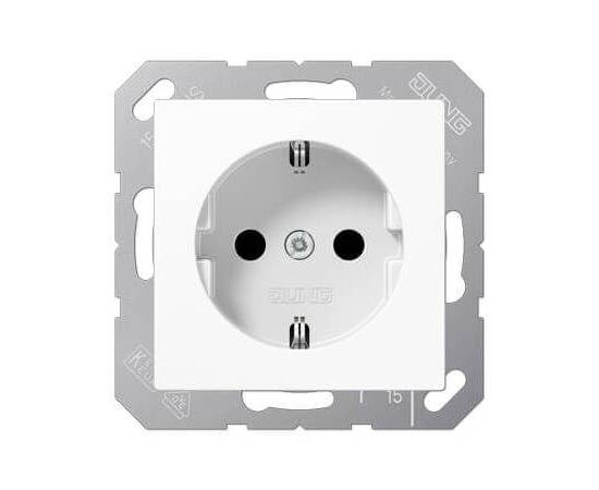 Розетка с заземлением с защитными шторками безвинтовой зажим Jung A 500 белая A1520KIWW