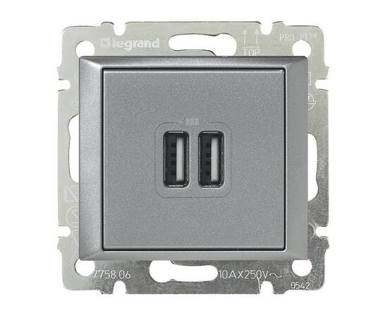 Розетка USB двойная Legrand Valena 240V/5V 2400mA алюминий 770270