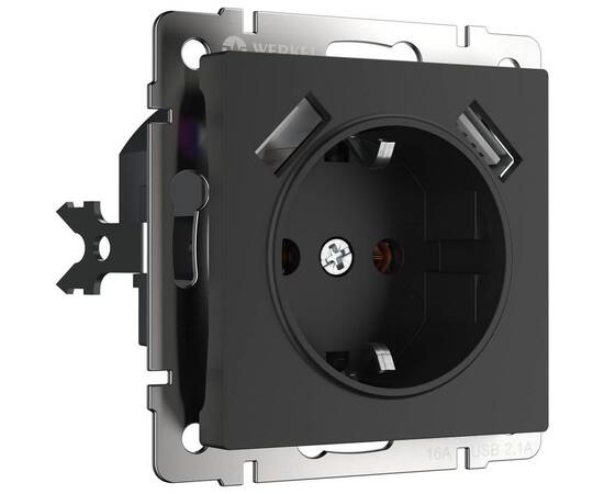 Розетка Werkel с заземлением, шторками и USBх2 черный матовый W1171508 4690389156915
