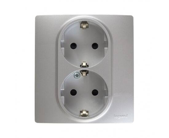 Розетка 2X2К+З Legrand Etika 16A 250V со шторками немецкий стандарт алюминий 672433