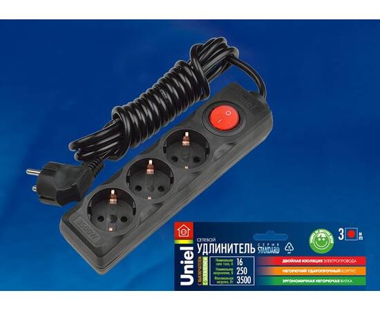 Удлинитель Uniel 2гн х 3м с/з Standard S-GCD3-3B Black UL-00003608, изображение 2