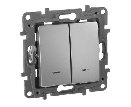 Выключатель 2-х клавишный с подсветкой, алюминий 672404