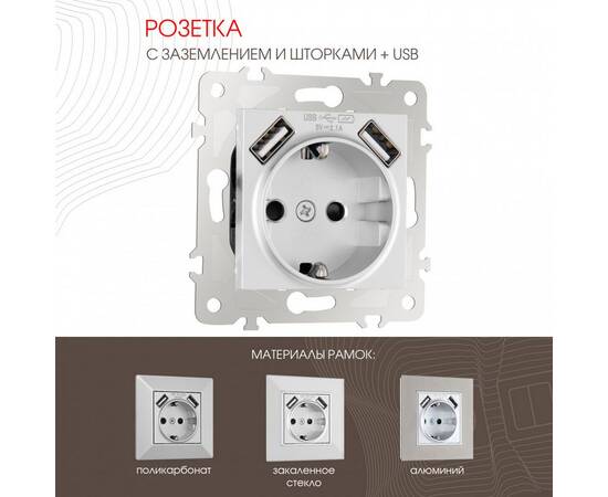 Розетка с заземлением, шторками + USB Arte Milano 203.47-1.silver