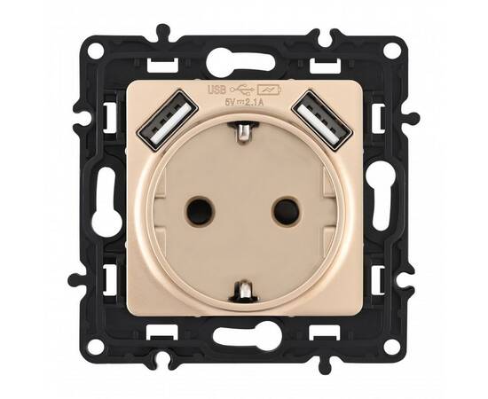 Розетка с заземлением, шторками + 2 USB Arte Milano 217.47-1.shampan, изображение 4
