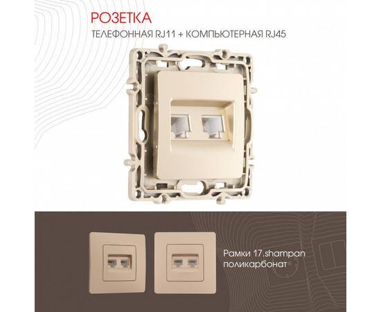 Розетка телефонная RJ11 + компьютерная RJ45 Arte Milano 217.44-1.shampan