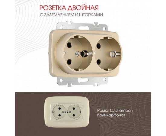 Розетка двойная с заземлением Arte Milano 205.40-2.shampan