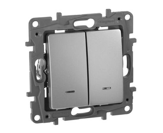 Выключатель 2-х клавишный с 2-х мест (переключатель) с подсветкой, алюминий