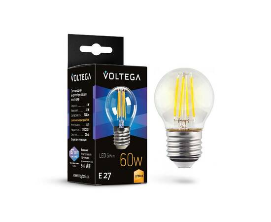 Лампа светодиодная филаментная Voltega E27 6W 2700K шар прозрачный 7214
