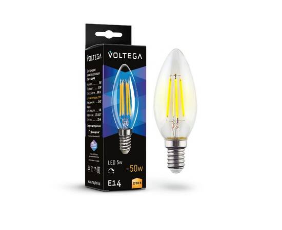 Лампа светодиодная филаментная Voltega E14 5W 2700K свеча прозрачная 7199