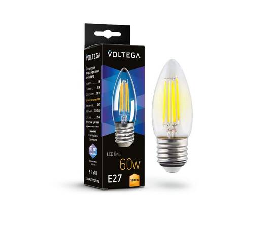 Лампа светодиодная филаментная Voltega E27 6W 3000K свеча прозрачная 7208, изображение 2
