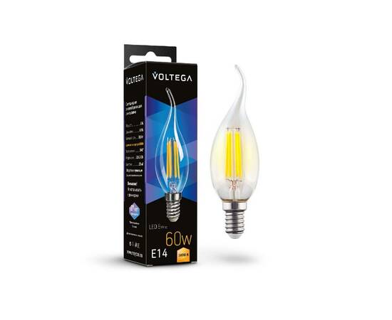 Лампа светодиодная филаментная Voltega E14 6W 3000K свеча на ветру прозрачная 7209, изображение 2