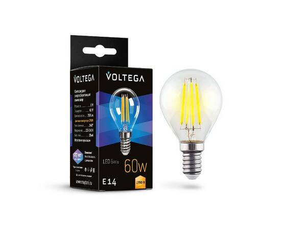 Лампа светодиодная филаментная Voltega E14 6W 2700K груша прозрачная 7212, изображение 2