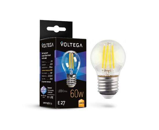 Лампа светодиодная филаментная Voltega E27 6W 3000K шар прозрачный 7215, изображение 2