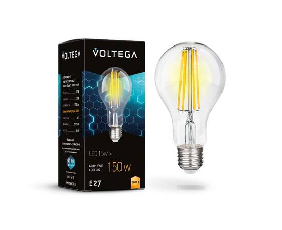 Лампа светодиодная филаментная Voltega E27 12W 3000K груша прозрачная 7226