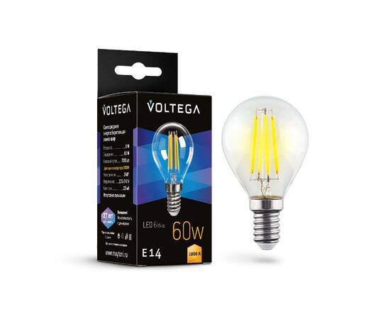 Лампа светодиодная филаментная Voltega E14 6W 3000K груша прозрачная 7213