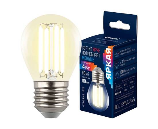Лампа светодиодная филаментная Uniel LED-G45-4W/3000K/E27/CL GLY01TR UL-00011940, изображение 4