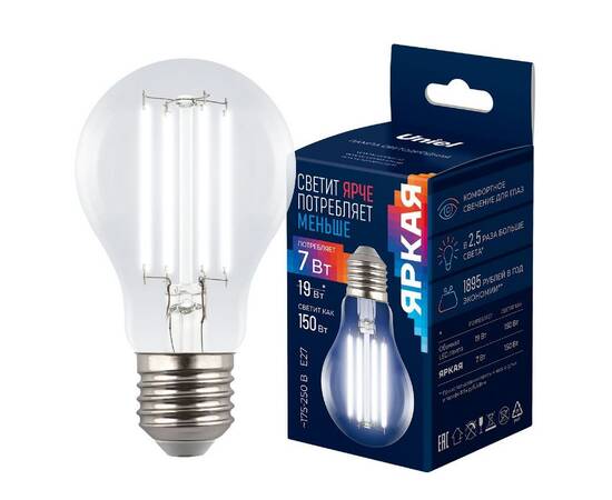 Лампа светодиодная филаментная Uniel LED-A60-7W/4000K/E27/CL GLY01TR UL-00011935, изображение 4