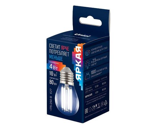Лампа светодиодная филаментная Uniel LED-G45-4W/4000K/E27/CL GLY01TR UL-00011941, изображение 3