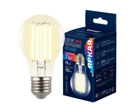 Лампа светодиодная филаментная Uniel LED-A60-7W/3000K/E27/CL GLY01TR UL-00011934, изображение 4