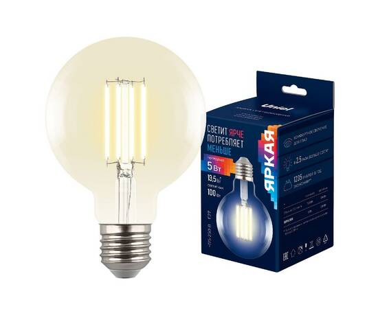 Лампа светодиодная филаментная Uniel LED-G95-5W/3000K/E27/CL GLY01TR UL-00011942, изображение 4