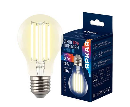 Лампа светодиодная филаментная Uniel LED-A60-5W/3000K/E27/CL GLY01TR UL-00011932, изображение 4