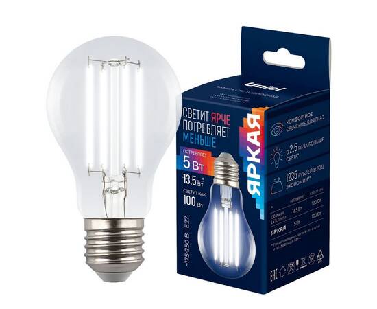 Лампа светодиодная филаментная Uniel LED-A60-5W/4000K/E27/CL GLY01TR UL-00011933, изображение 4