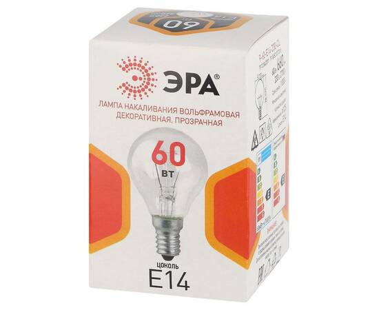 Лампа накаливания Эра P-60-E14-230-CL шар Б0066522, изображение 3