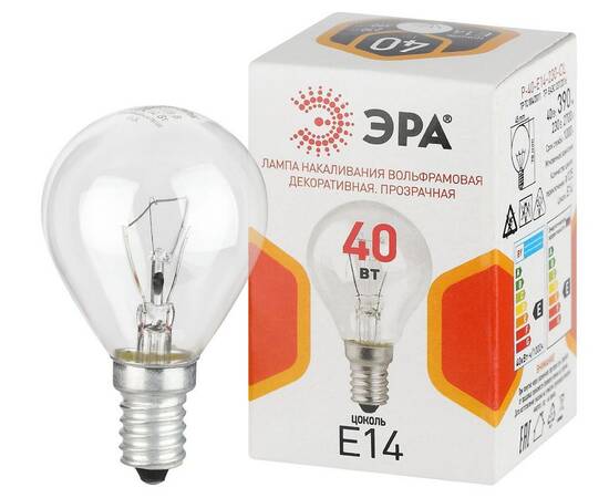 Лампа накаливания Эра P-40-E14-230-CL шар Б0066547