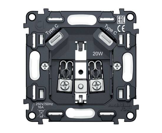 Механизм электрической розетки 2USB С+C 20W (быстрая зарядка) с/з на винтовых зажимах 16A-250V QUANT