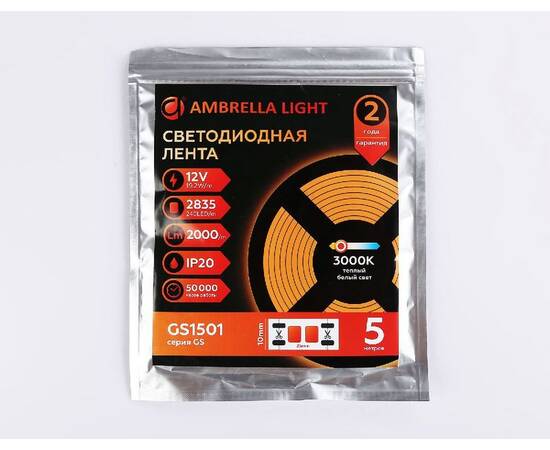 Светодиодная лента Ambrella Light LED Strip 12В 2835 19,2Вт/м 3000K 5м IP20 GS1501, изображение 5