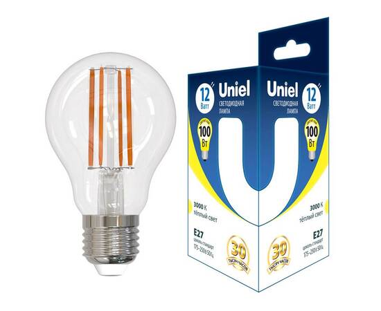 Лампа светодиодная филаментная Uniel E27 12W 3000K груша прозрачная LED-A60-12W/3000K/E27/CL GLA03TR