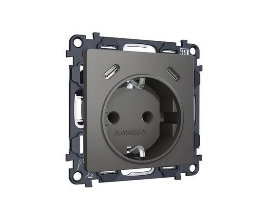 Комплект механизма электрической розетки 2USB С+C 20W с/з на винтовых зажимах 16A-250V Alfa Антрацит, изображение 3