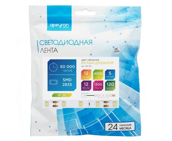 Светодиодная лента Apeyron 12В СТ 12Вт/м smd2835 120д/м IP20 1300Лм/м 5м 4000К 00-131, изображение 5