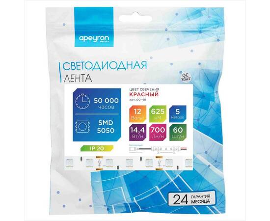 Светодиодная лента Apeyron 12В СТ 14,4Вт/м smd5050 60д/м IP20 5м красная 00-48, изображение 5