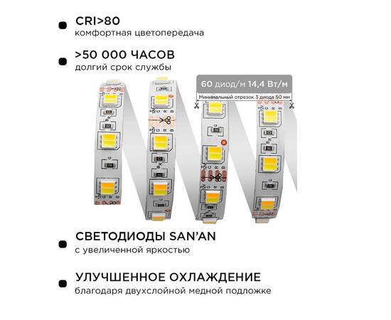 Комплект светодиодной ленты Apeyron 12В 14,4Вт/м smd5050 60д/м IP20 700Лм/м 2,5м 3000К+6500К (коннек, изображение 5
