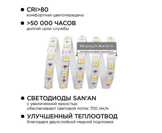 Комплект светодиодной ленты Apeyron 12В 14.4Вт/м smd 5050 60 д/м IP20 2,5м 3000K (блок, коннектор) 1, изображение 4