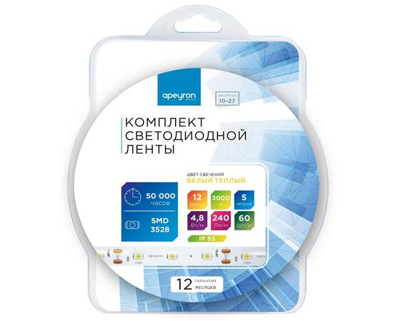 Комплект светодиодной ленты Apeyron 12В 4.8Вт/м smd 3528 60 д/м IP65 5м 3000K (блок, коннектор) 10-2, изображение 6