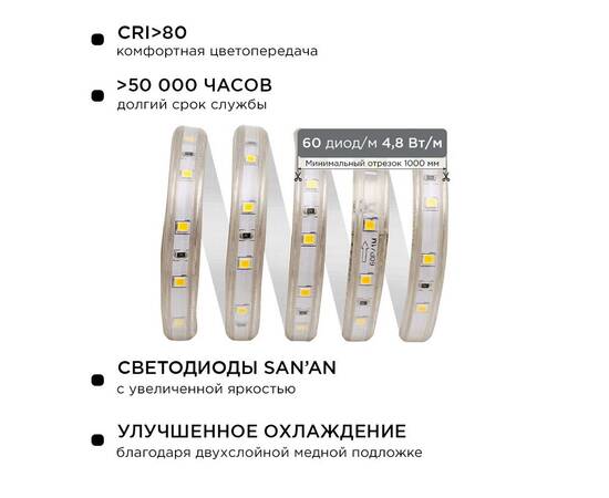 Комплект светодиодной ленты Apeyron 220В 4,8Вт/м smd3528/2835 60д/м IP65 300Лм/м 5м 3000К (сетевой ш, изображение 2