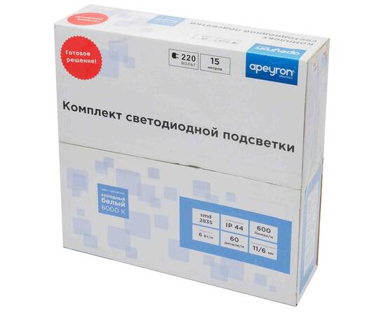 Светодиодная лента Apeyron 220В 6Вт/м smd2835 60д/м IP65 600Лм/м 15м 6500К 10-54, изображение 5