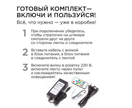 Комплект адресной светодиодной ленты Apeyron 24В 14,4Вт/м smd5050 60д/м IP65 10м RGB (адаптер питани, изображение 5