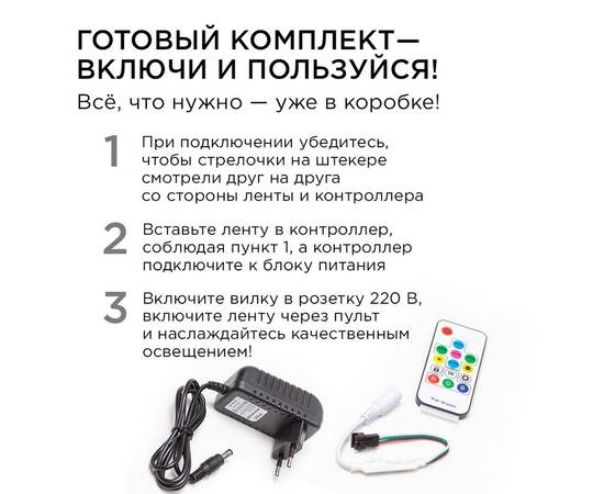 Комплект адресной светодиодной ленты Apeyron 24В 14,4Вт/м smd5050 60д/м IP20 2м RGB (адаптер питания, изображение 5