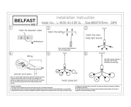 Подвесная люстра Belfast Bryson L-8130-6+3 BR GL, изображение 7