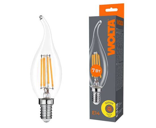 Лампа светодиодная филаментная WOLTA 7Вт 3000K Е14 свеча на ветру прозрачная WF-CT35-7W3KE14