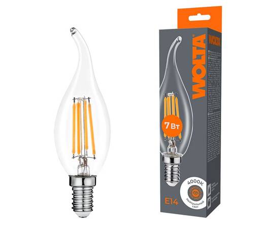 Лампа светодиодная филаментная WOLTA 7Вт 4000K Е14 свеча на ветру прозрачная WF-CT35-7W4KE14