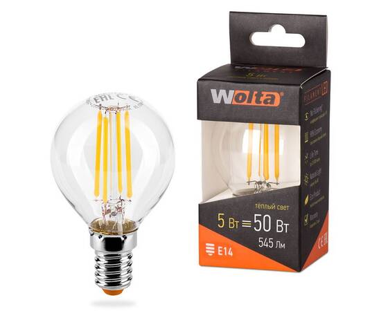 Лампа светодиодная филаментная WOLTA 5Вт 3000K Е14 шар прозрачный 25Y45GLFT5E14