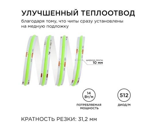 Светодиодная лента Apeyron 3м, 24В, 14Вт/м, COB, 512д/м, IP20 Зеленый 213ОО, изображение 6