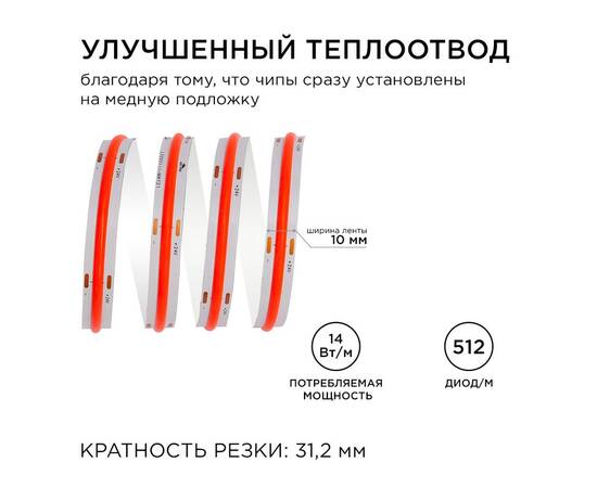 Светодиодная лента Apeyron 5м, 24В, 14Вт/м, COB, 512д/м, IP20 Красный 214ОО, изображение 6